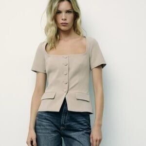 Zara Beige Short Sleeve Button-Up Blouse